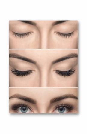 Eyelash removal procedure before and after close up. Beautiful Woman with long lashes in a beauty salon. Eyelash extension.