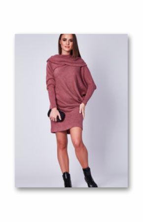 Glamour fashion woman long brunette hair natural evening makeup wear sexy short stylish pink cotton dress from new catalog spring summer collection accessory handbag boots jewelry body shape care.