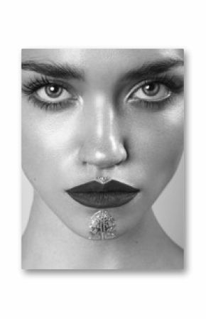 Beauty portrait of woman with wet skin and and dark lipstick. Black and white