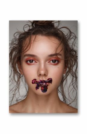 Beauty portrait of woman with flower tatoo on her lips