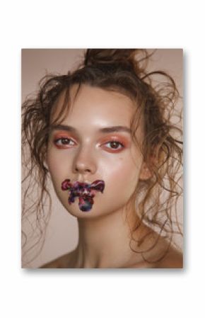 Beauty portrait of woman with flower tatoo on her lips