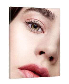 Closeup beauty macro face portrait of young woman. Brunette girl with day nude female makeup
