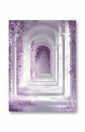 Purple Floral Archway Walkway. A beautiful, ethereal walkway is framed by white columns and draped in delicate purple flowers, creating a romantic and dreamy scene.