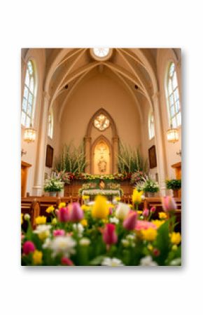 church with a bunch of flowers in front of it