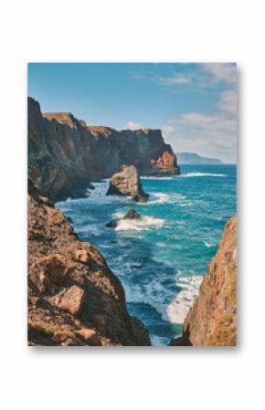 Rocky Coast of Madeira with Powerful Ocean Waves. Nature's raw beauty. Landscapes and endless sea views for adventure, serenity