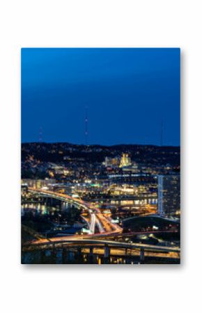 over view of city highways at night view of the city light of cars on road ways