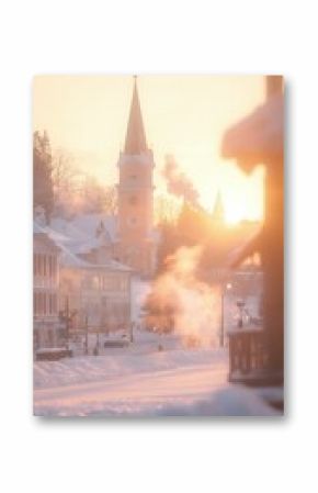 Winter Village Sunset: Snow Covered Church and Buildings in Golden Light