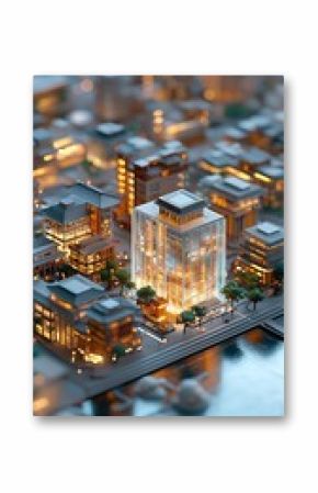 Miniature City Inside Glass Cube at Night