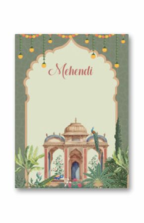 Mughal wedding card with mehendi design, watercolor background, Rajasthani tropical mural illustration