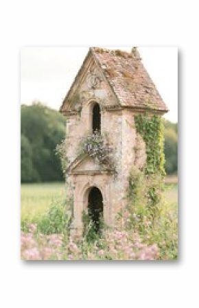 Rustic Stone Tower Ruin in a Pink Flower Field