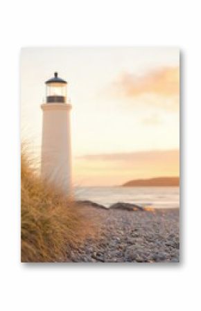 White Lighthouse on Rocky Beach at Sunset
