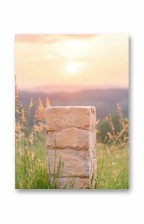 Stone Spire in Grassy Field at Sunset