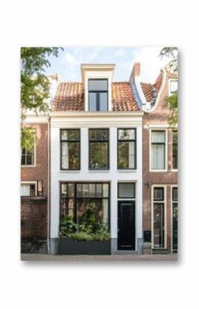 Modern architecture blends seamlessly with traditional Dutch canal house in a serene neighborhood, showcasing striking design elements amid lush greenery