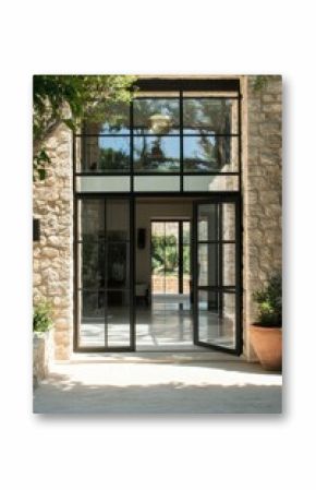 Elegant entrance of a modern stone house showcasing large black-framed windows and an inviting courtyard surrounded by greenery in a warm afternoon light