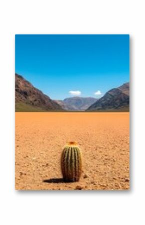 Lone Cactus in a Vast Desert Basin Under a Bright Blue Sky
