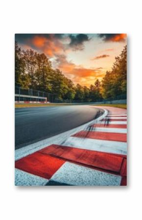 Race Track Curve at Sunrise Dramatic Sky View Low Angle Shot Nürburgring Germany Motorsport Asphalt Surface Trees