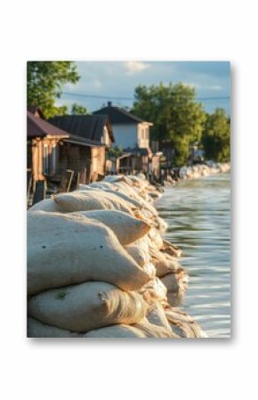 Sandbag barrier protecting homes from floodwaters in a rural area at sunset low angle medium shot of a riverbank