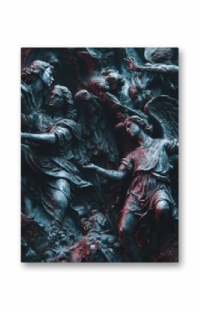 Ornate angel sculpture relief detail at Milan cathedral Italy dramatic low angle shot dark moody