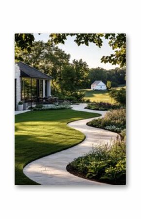 Lush Garden Pathway Winding Through Serene Landscape Near Rustic Farmhouse