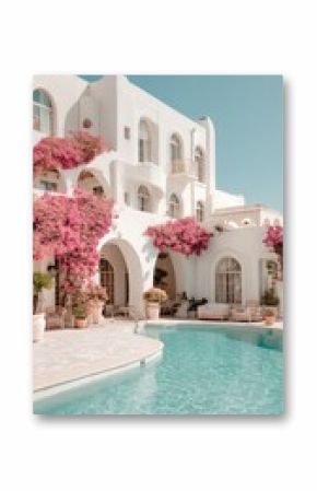 Stunning Poolside View of a White Villa Adorned With Vibrant Pink Bougainvillea in a Sunny Location