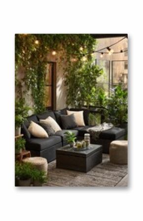 Cozy Outdoor Patio With Comfortable Seating and String Lights in a Serene Garden Setting.