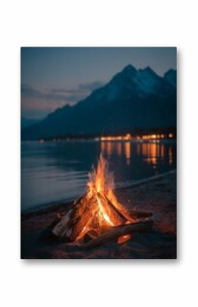 Campfire by the Lake During a Serene Twilight With Mountains in the Background.