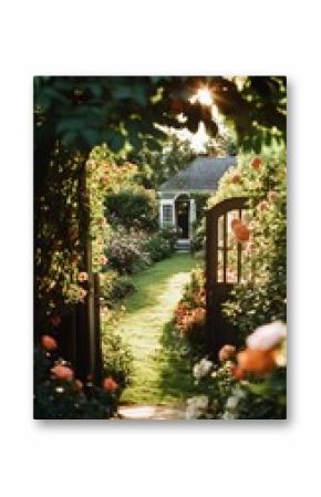Lush Garden Pathway Leading to a Cozy Black Cottage Surrounded by Blooming Flowers in Afternoon Light.