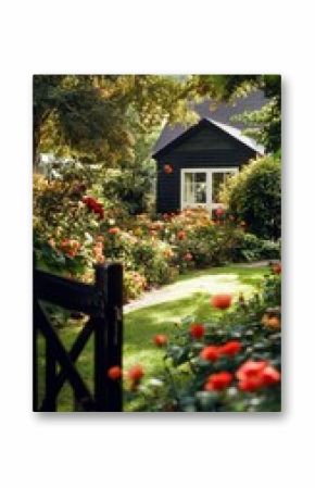 Lush Garden Pathway Leading to a Cozy Black Cottage Surrounded by Blooming Flowers in Afternoon Light