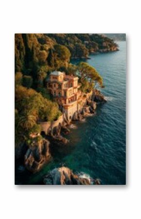 Stunning Coastal Villa on Rocky Shore Surrounded by Lush Greenery at Sunset
