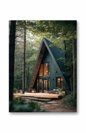 Unique Triangular Cabin Nestled in the Woods During Golden Hour Near a Serene Forest Setting