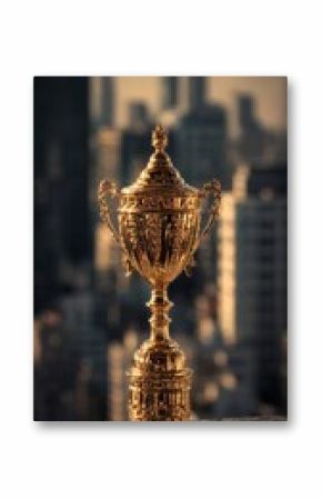 Majestic Golden Trophy Stands on Display Against a City Skyline at Sunset