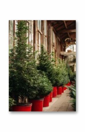 Lush Green Plants Arranged in Red Pots Along a Rustic Wooden Corridor in a Greenhouse