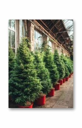 Lush Green Plants in Bright Red Pots Lining the Wooden Walkway of a Greenhouse.
