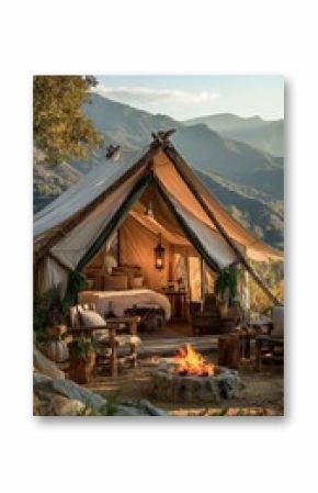 Cozy Glamping Tent by a Campfire in a Mountainous Location at Sunset With Natures Beauty Surrounding