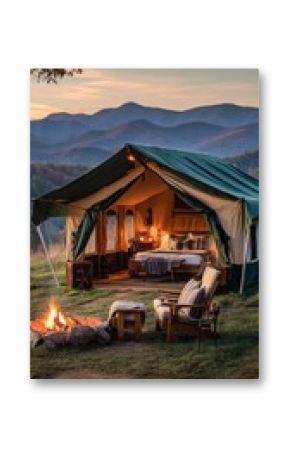 Cozy Glamping Tent by a Campfire in a Mountainous Location at Sunset With Natures Beauty Surrounding.