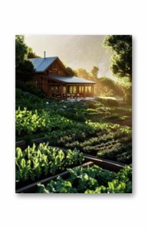 Serene Farmstead at Sunrise With Lush Gardens and Distant Mountains
