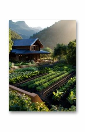 Serene Farmstead at Sunrise With Lush Gardens and Distant Mountains.