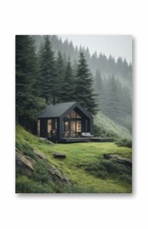 Black Cabin Nestled Among Towering Pine Trees in a Foggy Landscape