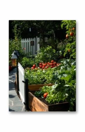 Lush Garden Bed Filled With Ripe Tomatoes and Vibrant Greens in a Sunny Backyard