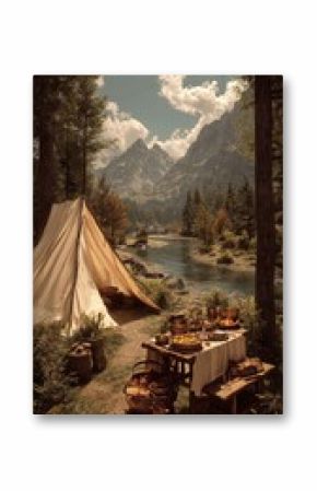 Gathering for a Feast by the Riverside in a Mountainous Wilderness Setting