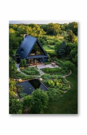 Charming Modern Cabin Surrounded by Vibrant Greenery and Peaceful Pond During Golden Hour