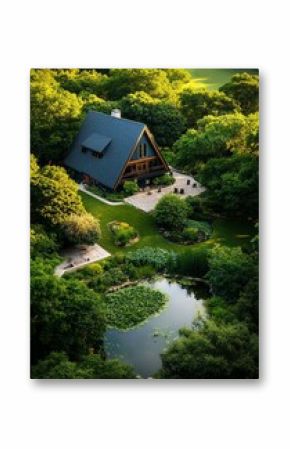 Charming Modern Cabin Surrounded by Vibrant Greenery and Peaceful Pond During Golden Hour.