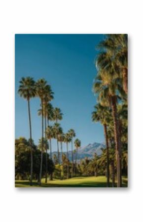 Palm Trees Line a Lush Green Golf Course Under a Clear Blue Sky Near Mountains