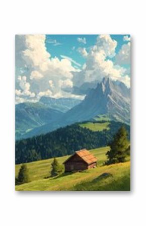 Scenic Mountain Landscape With a Rustic Cabin Surrounded by Lush Greenery and Majestic Peaks