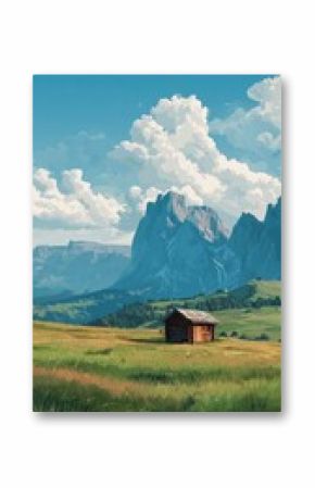 Mountain Landscape Features a Cabin Surrounded by Lush Fields Under a Blue Sky.