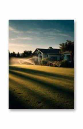 Morning Sunlight Illuminates Green Garden With Sprinklers in Residential Backyard
