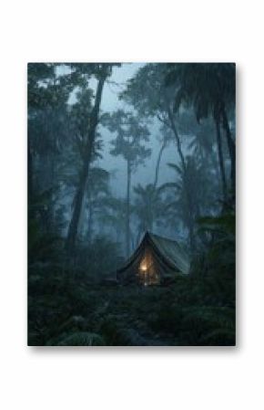 Tent Illuminated by Fire in a Lush Jungle During Heavy Rain at Dusk