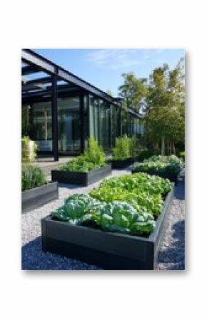 Growing Vegetables in Raised Garden Beds Near a Modern Greenhouse in a Sunny Outdoor Garden Space.