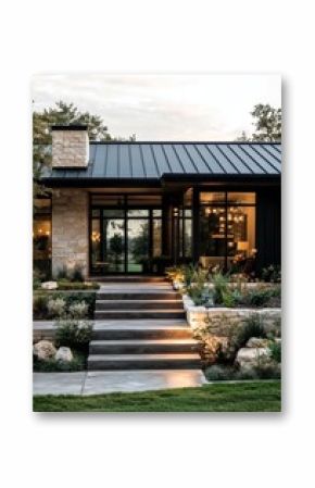 Modern Architectural Design of a Residence With Landscaped Garden Steps at Sunset.