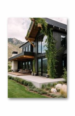 Modern Black House Surrounded by Greenery in a Mountainous Area During Daylight Hours